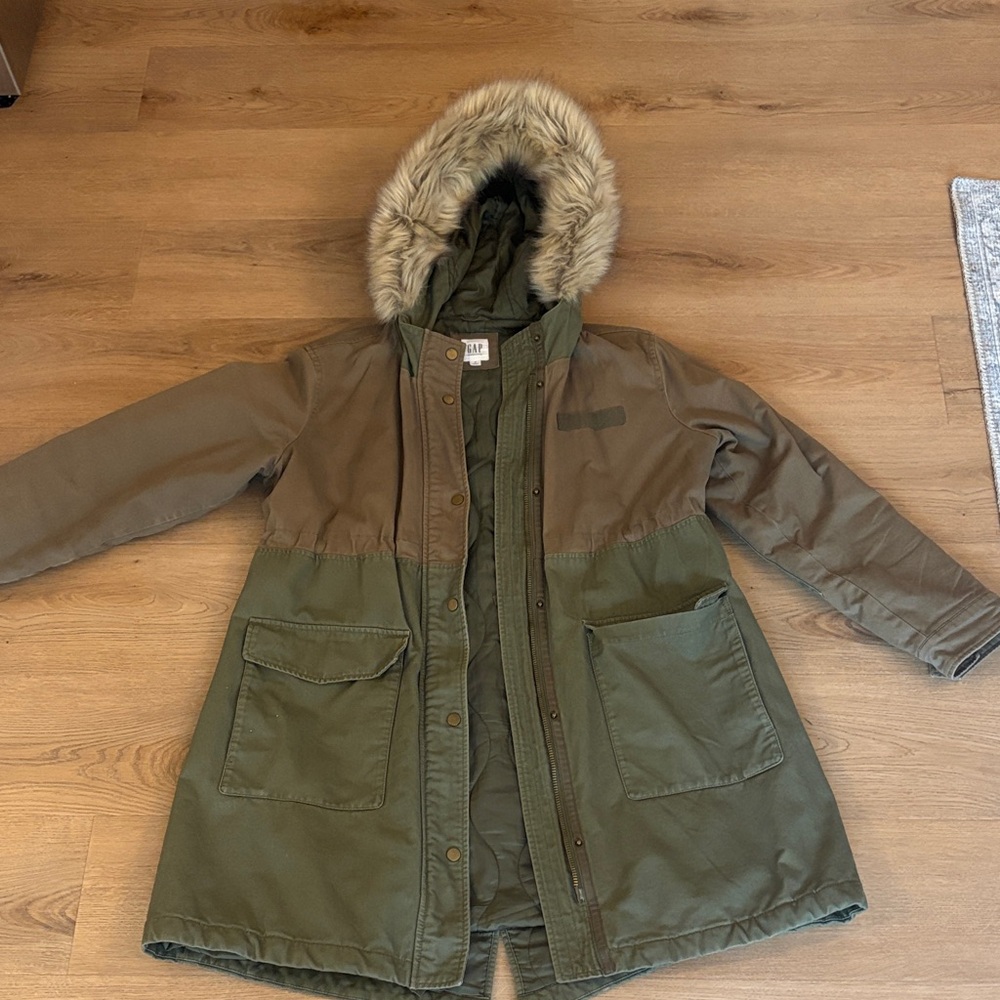 GAP Olive Utility Jacket with Faux Fur Hood